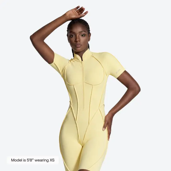 BetterMe Women's Lemon Meringue Sleek Shorts Catsuit - Short-Leg Fit 1-Piece Bodysuit Unitard Romper Overalls Jumpsuit, Adjustable Breathable Casual Gym Wear & Athletic Sports Spandex Polyester Fabric Clothing for Pilates, Ballet, Everyday Wear Womenswear