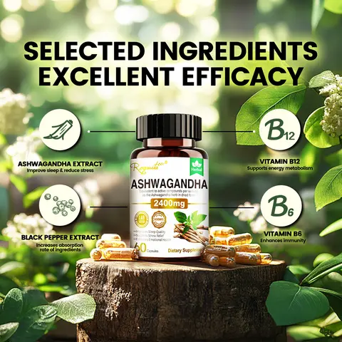Royavita Natural Organic Ashwagandha (Ashwa Gandha) Alternative Brain Supplement Capsules - Vitamin B6, B12, Cellular Energy Blend, Ginger Root for Digestion Boosting, Immune Support, Blood Pressure Support, Dairy-Free, Sugar-Free, 60 Daily Capsules, Lact