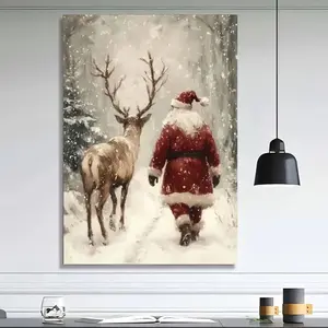 Art Deco Santa & Reindeer Wall Art - Wrapped Canvas in Wood Frame Snowy Forest Scene for Living Room Bedroom Office Perfect Christmas Gift for All Indoor Outdoor Use Easy to Hang with Hardware Kit