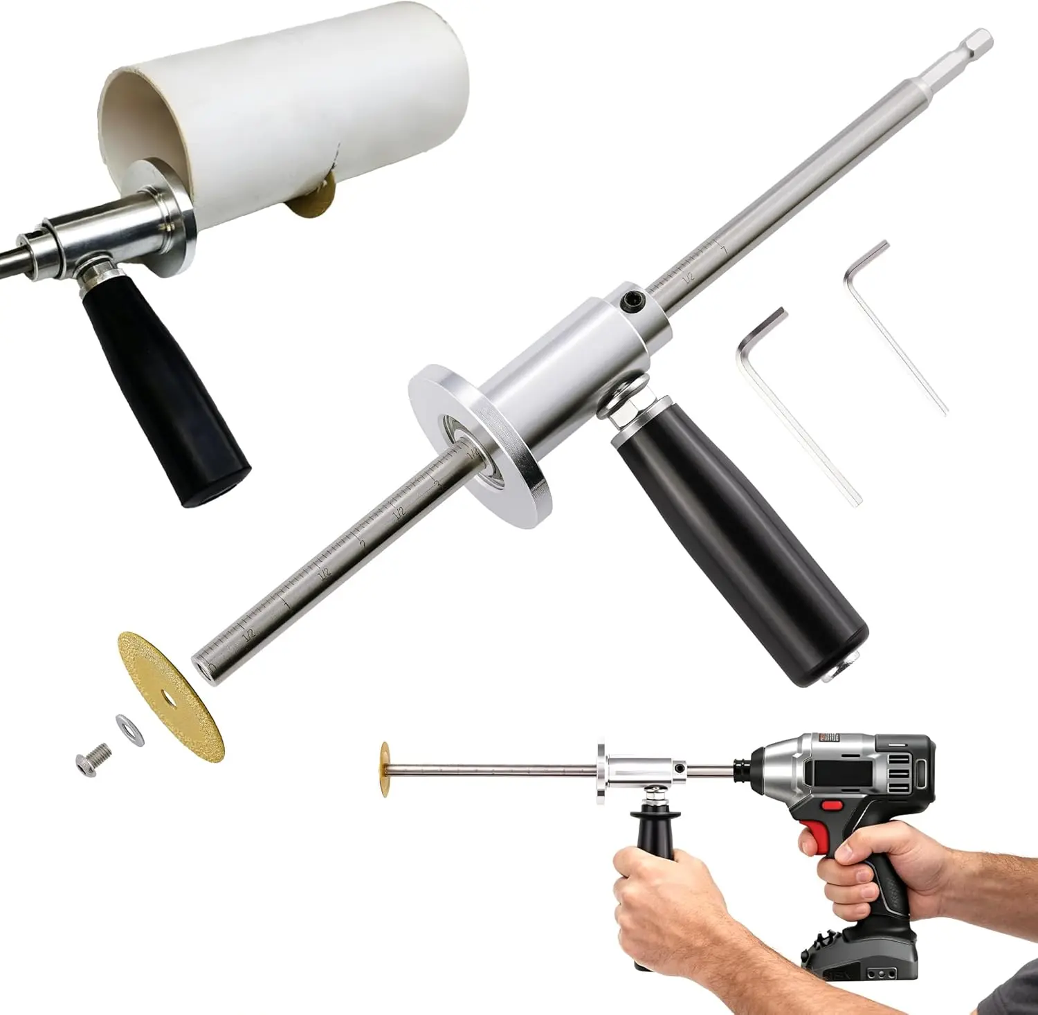 PVC Pipe Inside Cutter with Diamond Grits Cutting Wheel Pipe with Handle, Stainless Steel Plumbing Inside Plastic Hose Cutting Tool for Drill 1/2 to 8 Inch, 7" Adjustable Cutting Depth