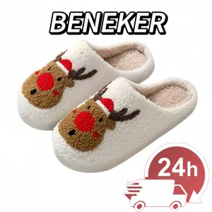 [Fast Delivered] Women's Christmas Cute Cartoon Deer Design Plush Indoor and Outdoor Non-Slip Soft Warm Comfortable Light Slippers Quick Shipping Footwear Girl