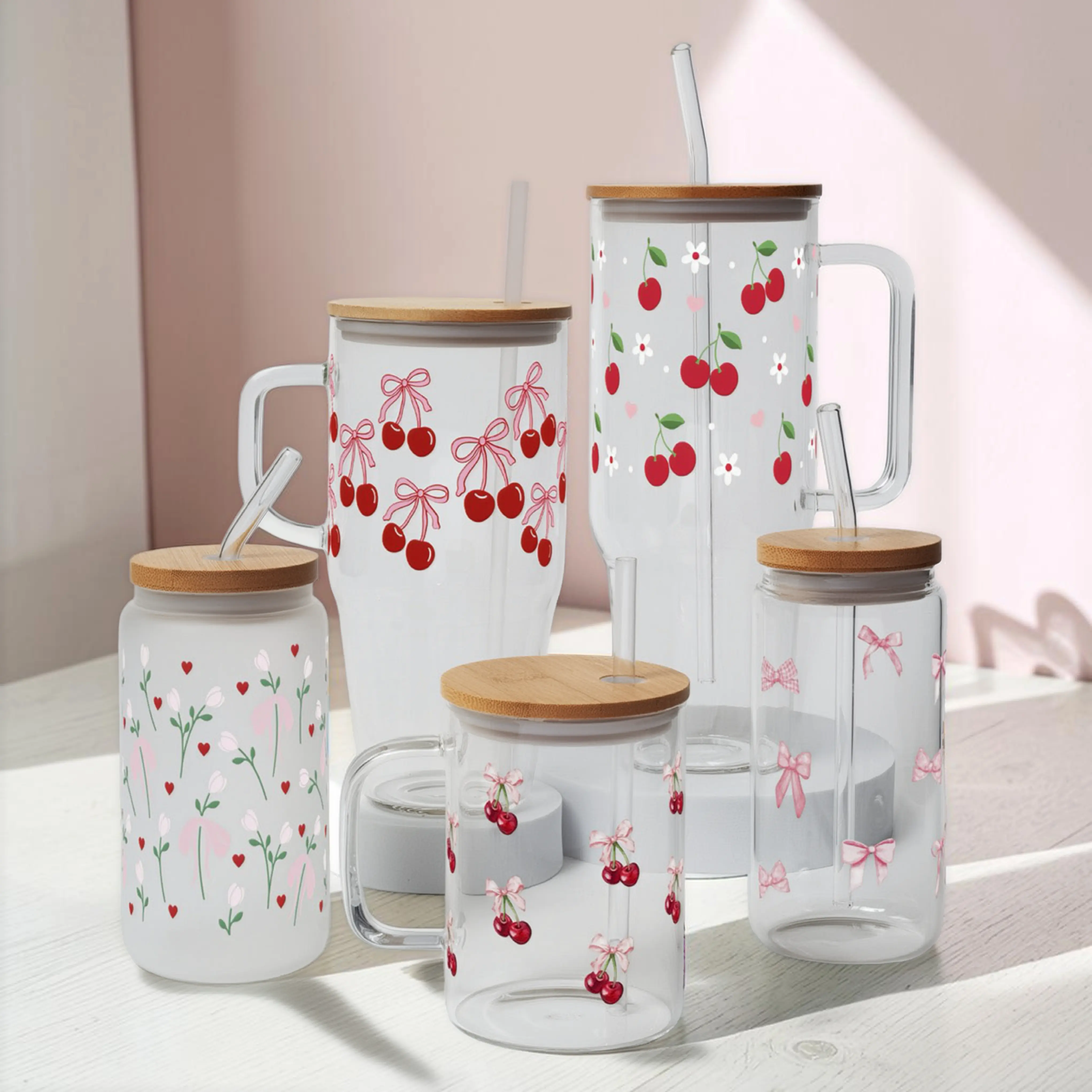 SIP-SIP HOORAY! 40oz Durable BPA-Free Reusable Glass Tumbler Set with Bamboo Handle, Silicone Lid, Straw, Bow Print, Top Rack Safe Portable Coquette Drinkware for Women, Daily Drink Iced Coffee Cup, Cute Gift