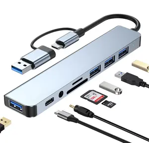 USB-C 8-Port Hub Expander with 4 USB 3.0 Ports 1 USB-C Jack TF/SD Card Reader 3.5mm Audio Output for iPhone 15 16 17 iPad Pro Laptop Galaxy Phones High-Speed Data Transfer