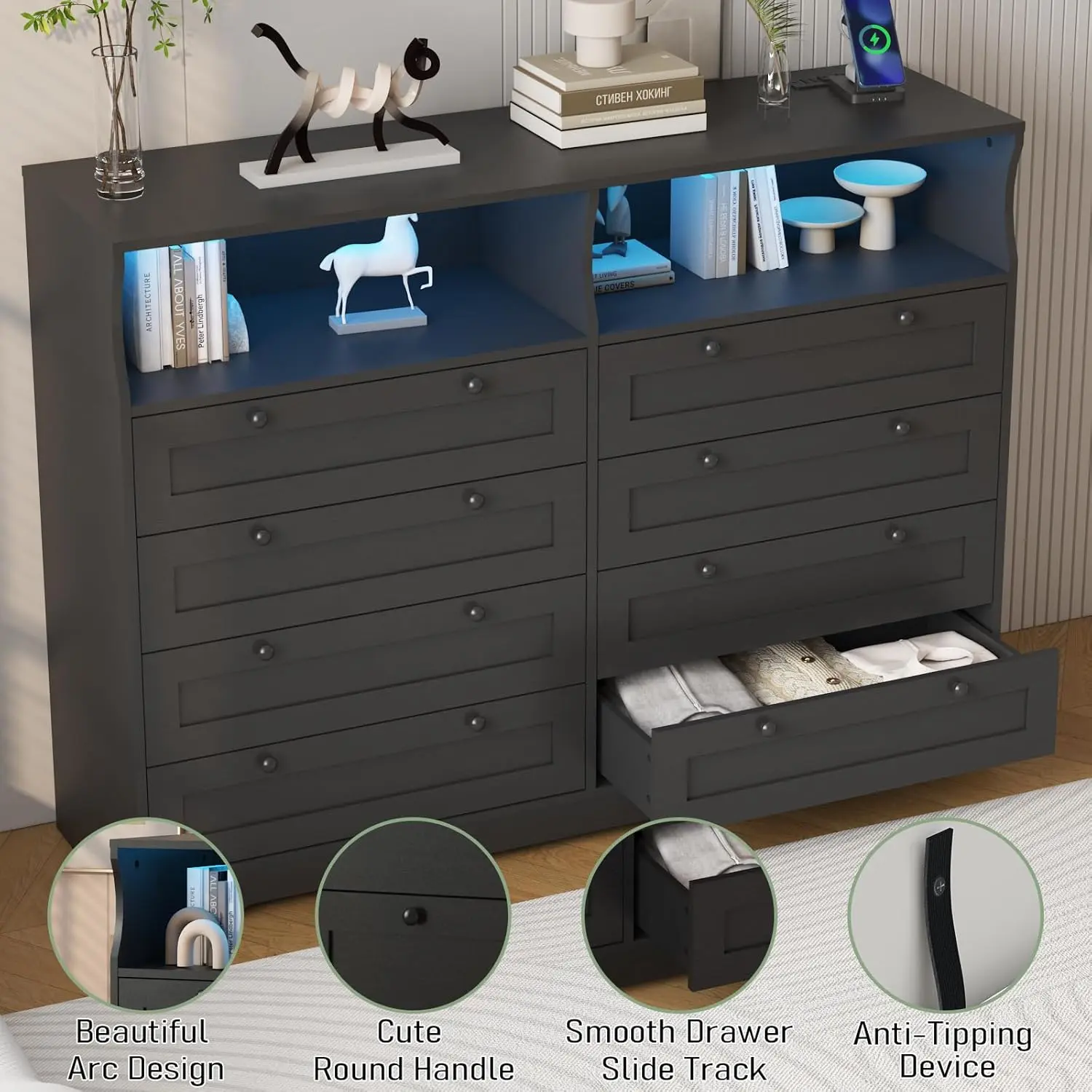 Black 8-Drawer Wood Bedside Cabinet - Modern Space-Saving Indoor Storage Furniture with RGB LED Lights, Charging Station (USB & AC Outlets), Smooth Glide Drawers, Anti-Fall Safety Brackets, Open Shelf for Bedroom, Living Room Makeup Vanities