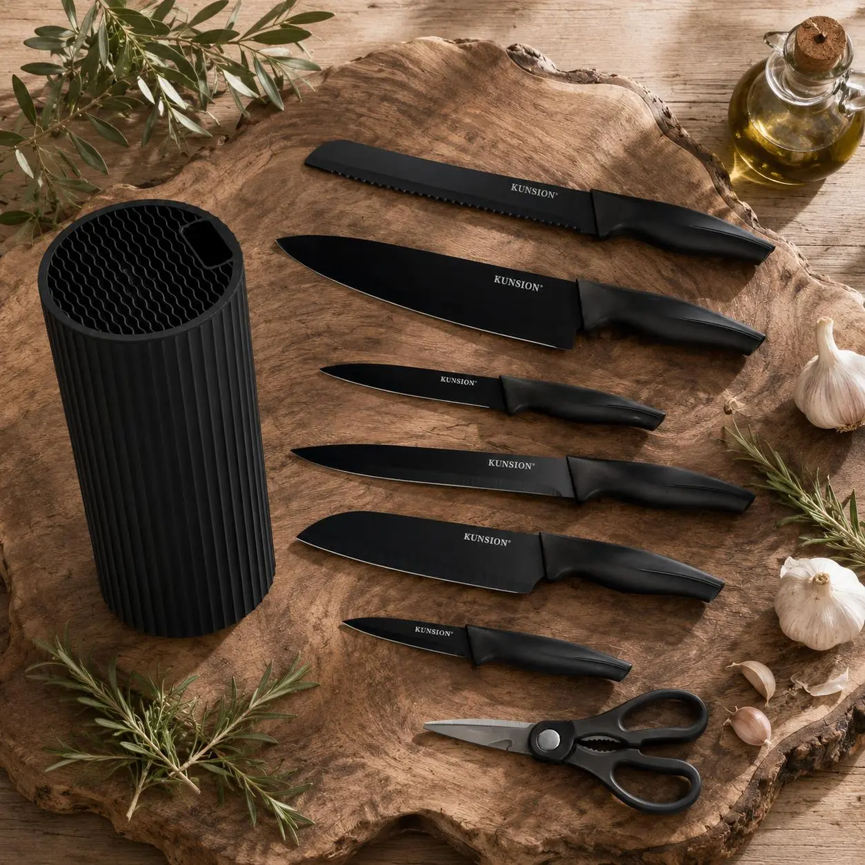 Knife Set, 8-Piece Kitchen Knife Set for Chef, Sharp Knife Set with Universal Knife Block, Anti-Rust Kitchen Knife Block Set, (Black) Stainless Steel Cutting