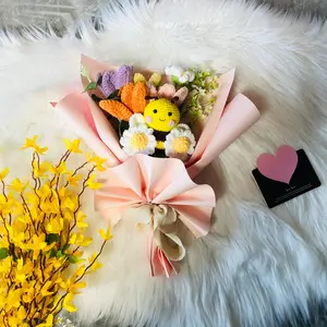 Crochet Flower Bouquet, 1 Set Cute Sunflower Daisy Tulip Crochet Flower Bouquet with Gift Card & Gift Bag, Birthday Gift for Friends & Family, Decor