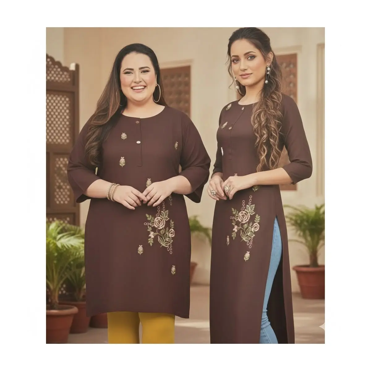 #Poo-B Brown Embroidered Rayon  Kurti Indian Tunic with Intricate Design for Special Occasions & Everyday Wear Elegant Traditional Style Versatile for Casual & Semi-Formal Events