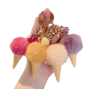 Adorable Faux Fur Ice Cream Cone Keychain with Pom-Pom and Gold Heart Charm for Cute Accessories Soft and Cuddly Faux Fur Design
