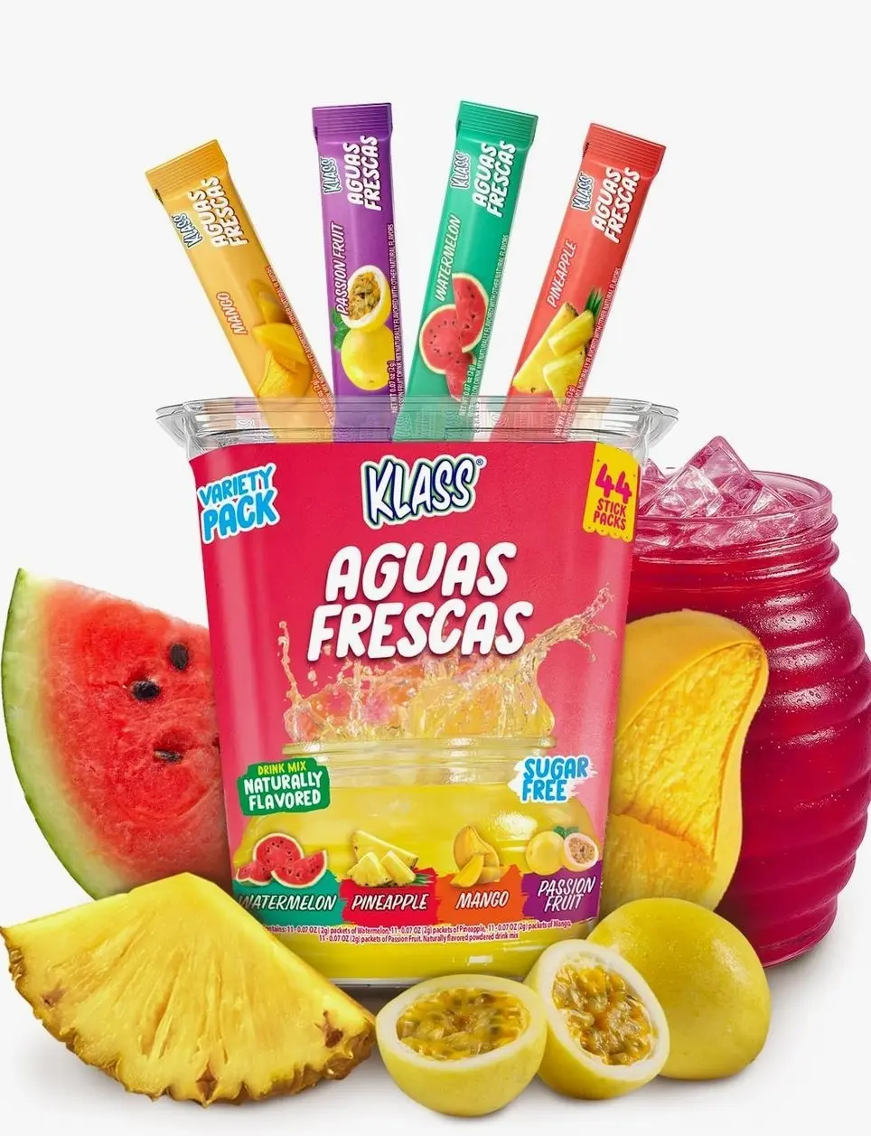 Klass Aguas Frescas, Powdered Drink Mix Variety Pack, 44 Singles Zero Sugar & Caffeine-Free Powder Packets, Water Drink Mix, Flavors: Mango, Watermelon, Pineapple & Passionfruit - 5 Calories Per Packet & Natural Flavors