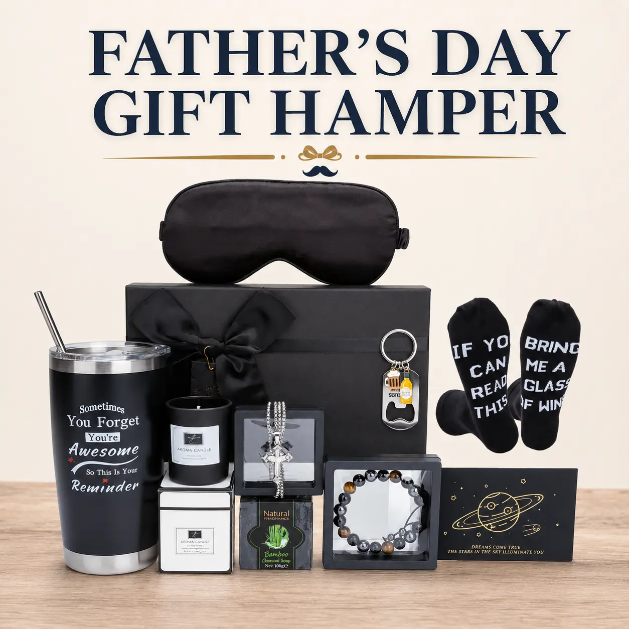 Father's Day Gift Basket for Men Premium Gift Box Set for Dad Husband Boyfriend with Tumbler Eye Mask Socks Bracelet Soap Candle Necklace Keychain Birthday Christmas Retirement Gift