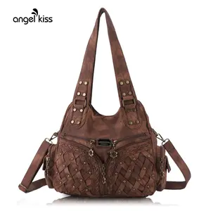 Angel Kiss Women's Washed PU Leather Quilted Bag - Casual Crossbody, Adjustable Zipper Hobo Shape, Everyday Purse, Bags for Women Purses, Shoulder, Top Handle, Satchel, Messenger, Tote, Stylish Crossbody, Angel Kiss Bag summerwins