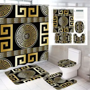 1/4pcs Black Gold Greek Key Medallion Bathroom Curtain Set, Shower Curtain Sets - 4 Piece (Shower Curtain + 2 Mats + Toilet Seat Cover) with Geometric Pattern, Classical Home Decor for Bathroom, Perfect for Christmas, New Year, Housewarming