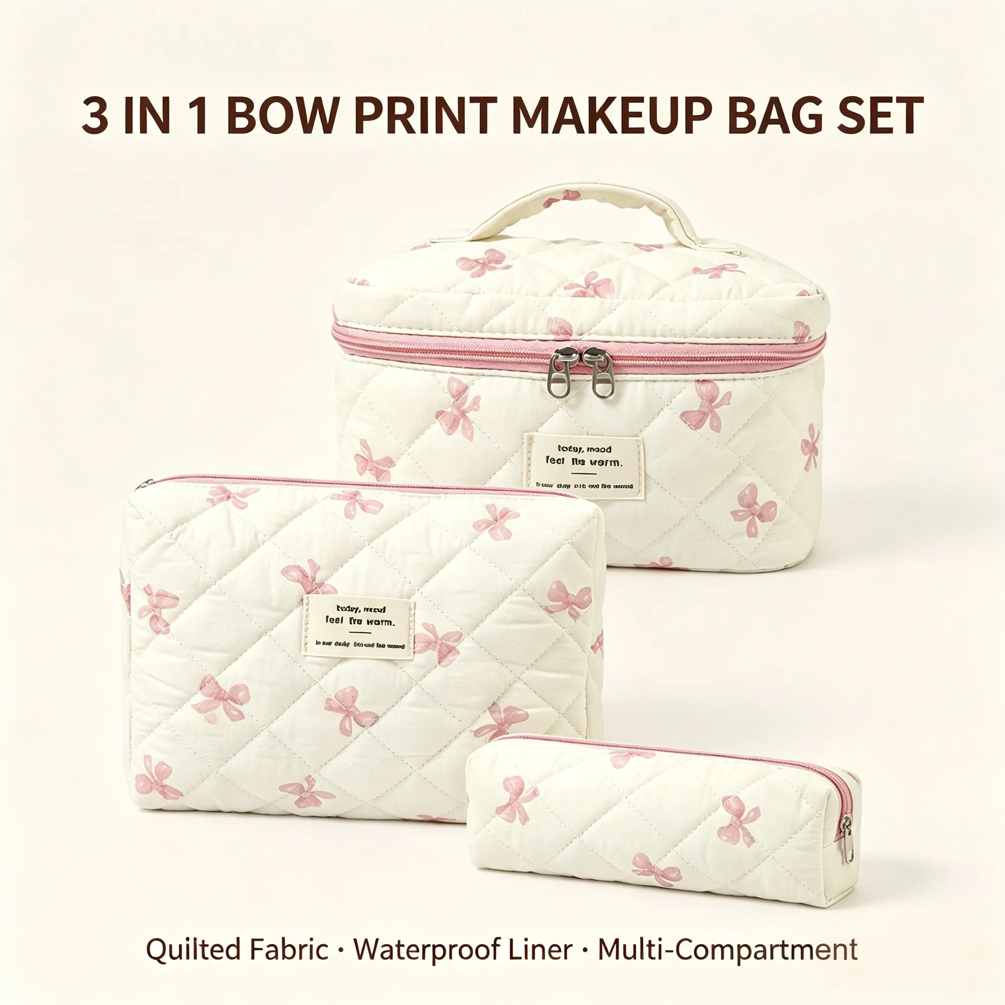 3Pcs Makeup Bag Quilted Cosmetic Bag Set Chic bow makeup storage bag Makeup Bag for Women Cute Portable Cotton Toiletry Bag Daisy makeup bag makeup bags