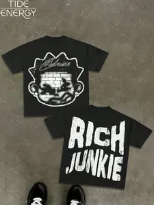 Men's Relaxed Fit Streetwear T-Shirt, Rich Junkie Vintage Letters & Cartoon Bricks Print, Soft Breathable Oversized Short Sleeve, Hip Hop Y2K Style