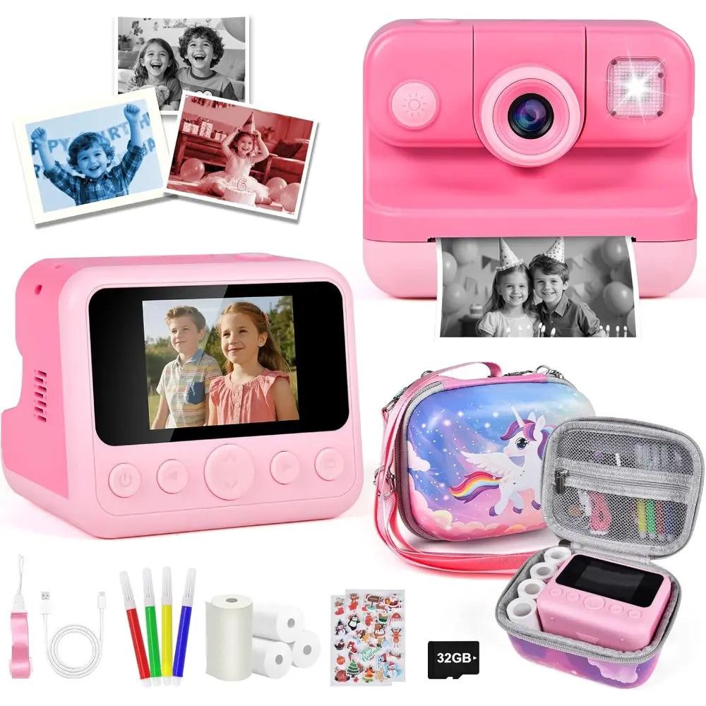Pink Kids Instant Camera 1080P HD with 32G Memory Card, Bonus Carry Bag, 4 Print Paper Rolls, Color Pens, Creative Studio & Sticker Fun, Christmas Birthday Gifts for 3-12 Years Old Girls