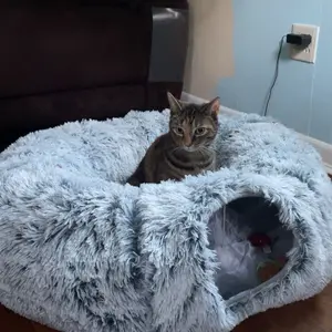 Product Review of Winter Warm Pet Bed, 2 in 1 Foldable Cat Tunnel Cat Bed, Warm Plush Cat Bed with Hanging Ball & Tunnel Buckle, Pet Supplies for Indoor Outdoor Use from h**8