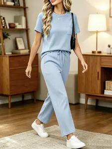 Women's Fashion Plain Casual Round Neck Pocket T-Shirt + Drawstring Wide Leg Pants Set, Loose Fit, Summer, Office Wear, Outdoor Activities