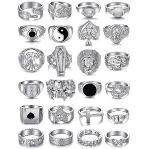 Vintage Silver Punk Rings Set for Men, Cool Gothic Chunky Rings Bulk, Skull Snake Spade Ace Malachite Stackable Hippie Knuckle Rings Pack, Trendy Men's Jewelry Gift for Him