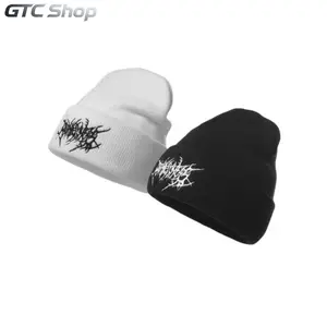 Unisex Gothic Punk Embroidered Knit Beanie Solid Color Adjustable Skull Cap Soft Acrylic Warm Fabric Cold Weather Headwear Stylish Streetwear Ski Hat Couple Friendly Accessory Suitable Autumn Winter Daily Outdoor Casual Trendy Outfit Matching