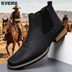 KVONE-Men's Western cowboy Boots — Versatile Men's Chelsea Boots,square-toe Chelsea ankle boots, work boots, casual, vintage, fashionable, classic, comfortable, Men's Embroidered Chelsea Tabi Boots,Walking Shoes; outdoor casual closed-toe style
