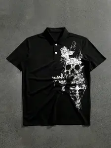 Men's Summer Vintage Gothic Skull Floral Polo Shirt, Short Sleeve Button Neck Top, Casual Street Style Summer T-Shirt