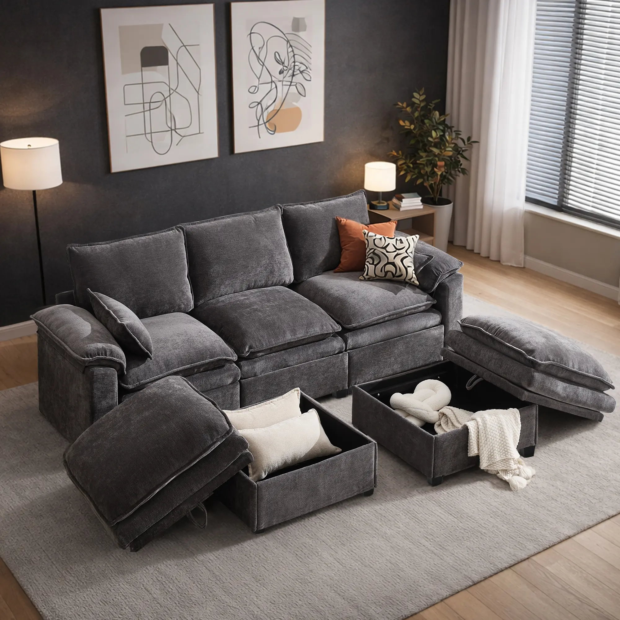 Convertible L-Shaped Sectional Couch with Storage Chaise, Soft Linen Fabric, Easy to Assemble Modular Sofa