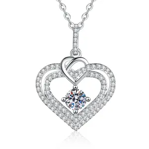 callalove Moissanite Triple Heart Necklace for Women, Three Hearts Pendant with Shining Moissanite, 925 Sterling Silver Chain 18–20 Inches, New Year Love Jewelry Gifts for Her