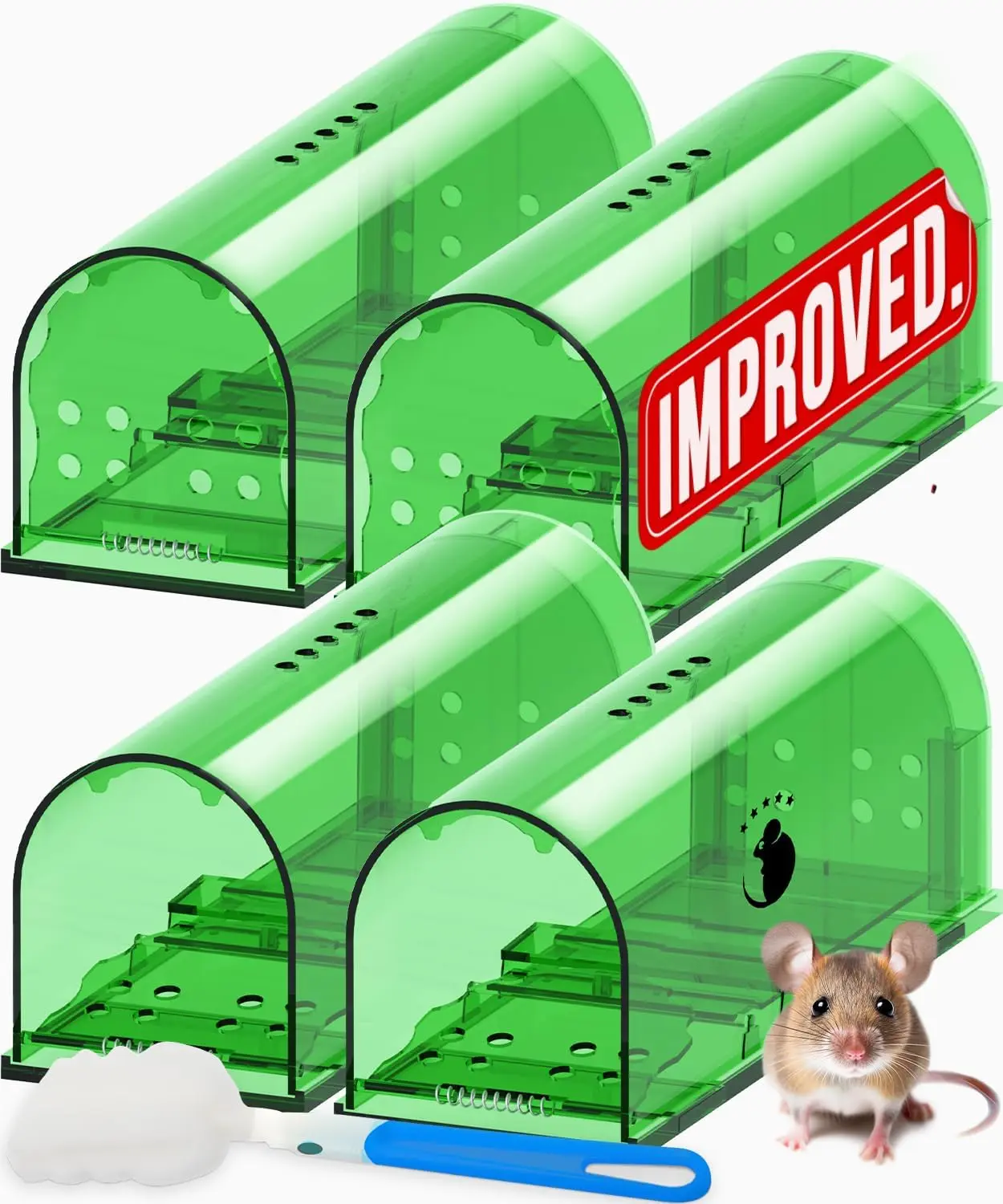 Motel Mouse Humane No-Kill Live Catch and Release Mouse Traps 4-Pack - Reusable, Easy to Use & Clean, No-Touch Release, Sensitive, Indoor Pest Control - Includes Cleaning Brush, Instruction Manual & Video