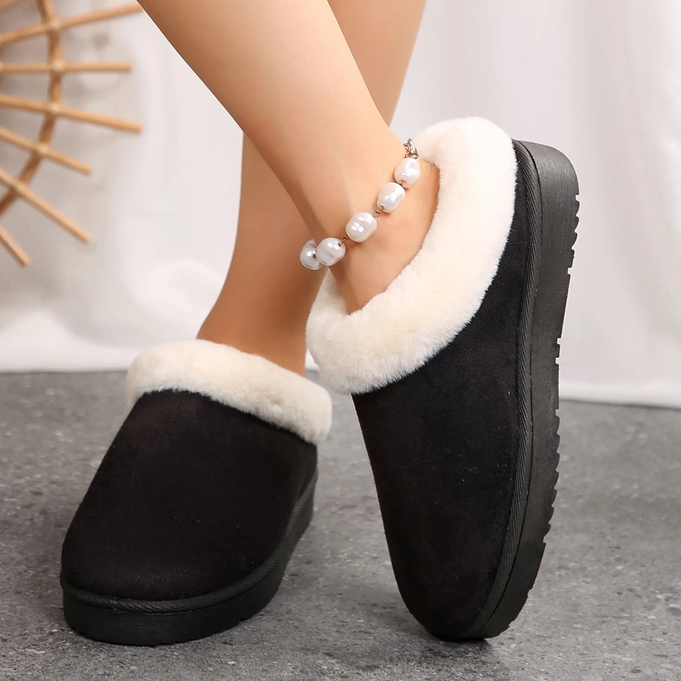 Women's Thick Flat Slippers - Thick Padded Cotton Shoes with Thick Soles Short Boots Casual,Indoor Outdoor Rubber Bottom Bootie for Winter Black Footing Secure