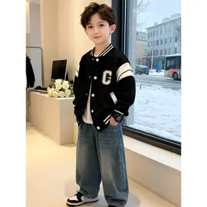 Boys' Fashion Cartoon Letter Print Sports Jacket - Spring/Autumn Casual Button Baseball Collar Outerwear