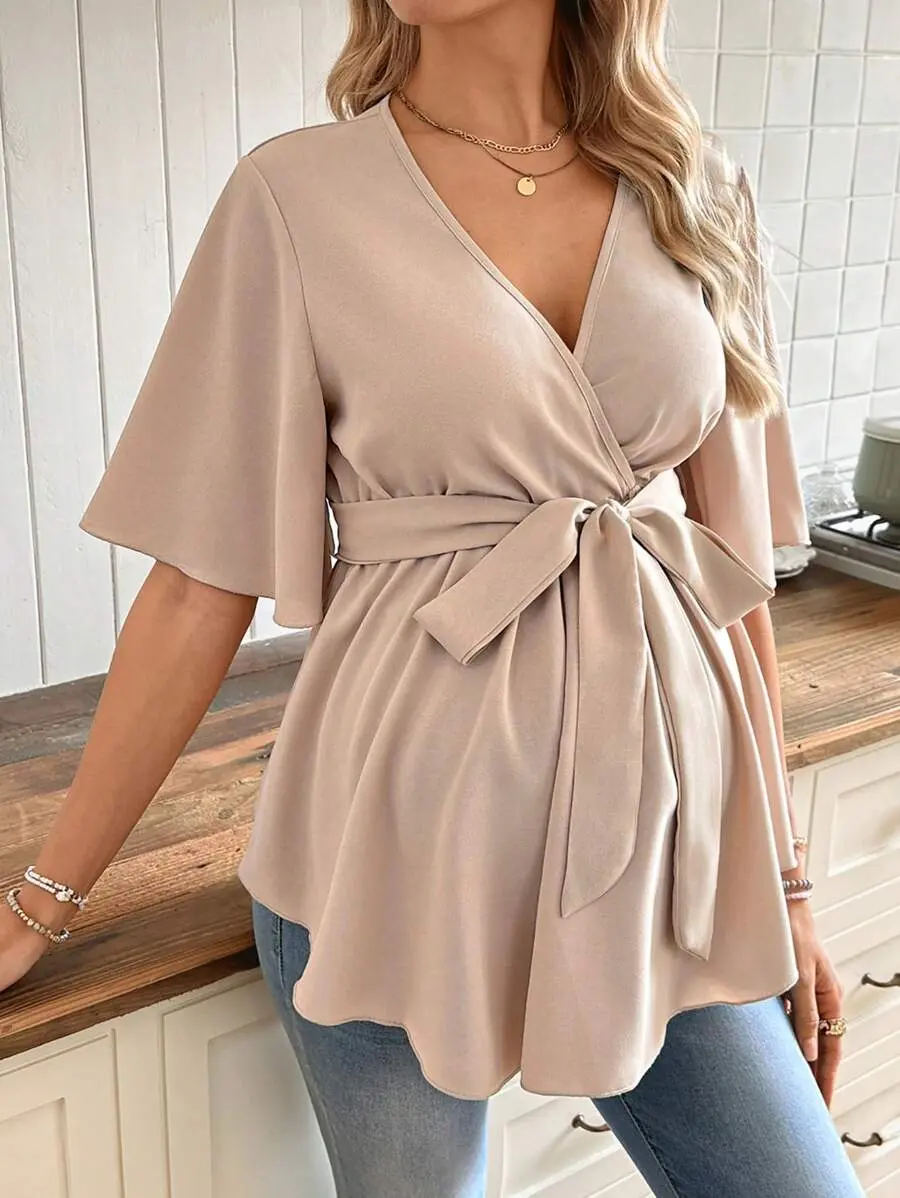 LUNA LAYER Womens Maternity V Neck Ruffle Belted Peplum Blouse
