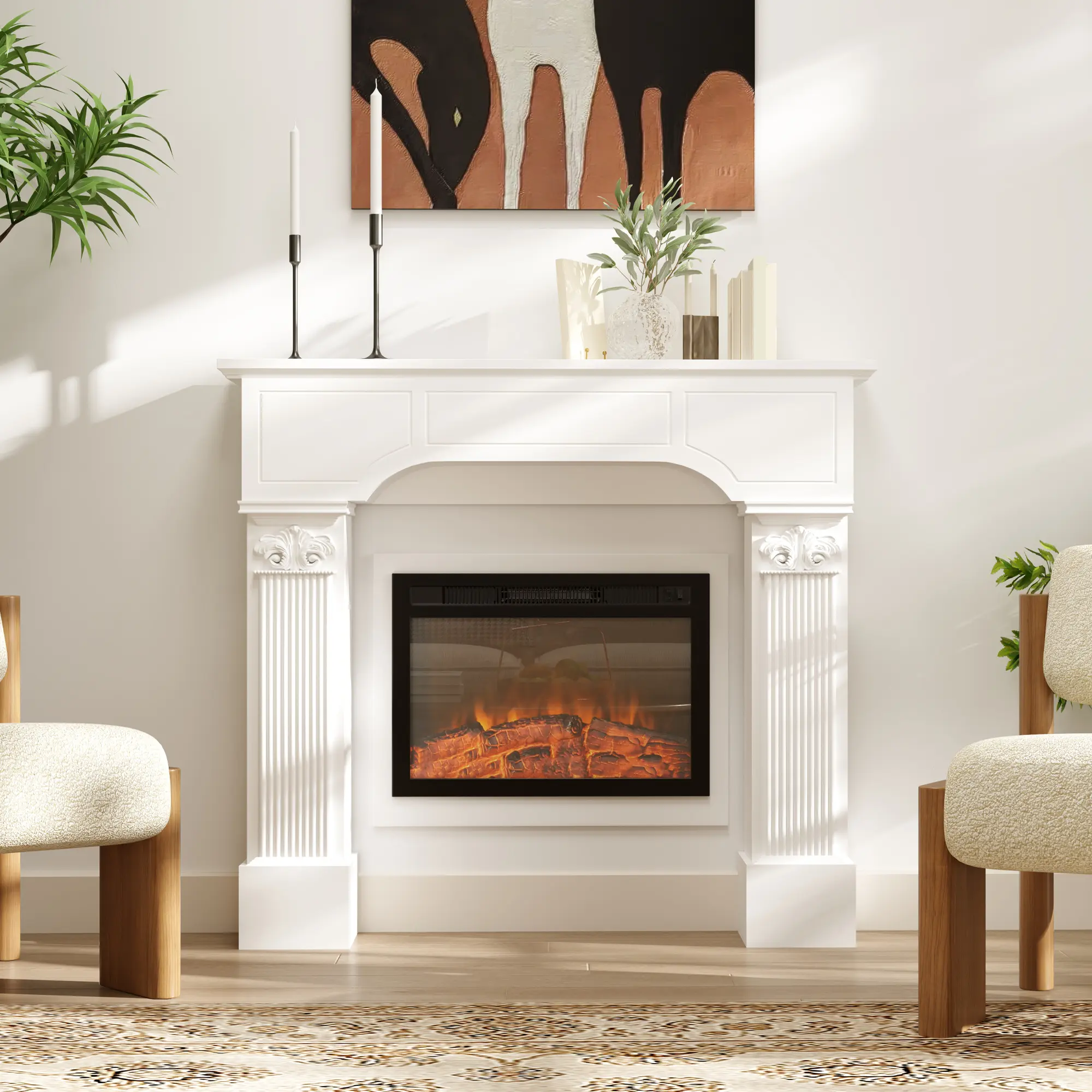 Baroque Freestanding Fireplace Mantle Surround - 43.3" W x 42.8" H White Unit for Electric Fireplaces, Indoor Furniture Complement for TV & Multimedia Centres