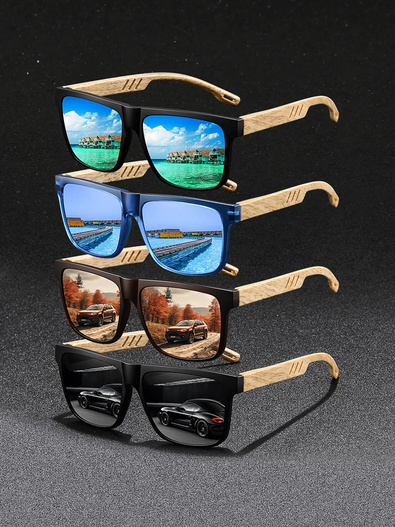 4 pairs of retro bamboo hollow out glasses, Trendy frames, Fashion sunglasses, with multiple colors, suitable for both men and women, the retro wood grain frame made of polycarbonate material is suitable for outdoor scenes