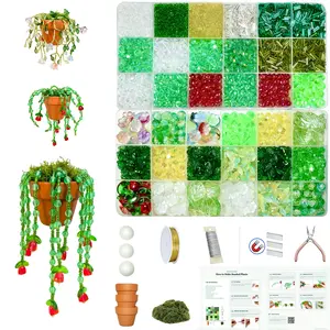 6384pcs Beaded Plants Kit Magnets for Fridge, Green Beads Leaf Glass flowers for Succulent Plant Lover Jewelry Making Diy Craft Gifts Colorful Dangling Charms Sun Catchers Window Home Décor