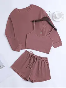 Women's Waffle Knit Tank Top + Long Sleeve Round Neck Shirt + Drawstring Shorts Set, Casual Loose Fit Minimalist Homewear, Fall & Winter, Outfit, Womenswear