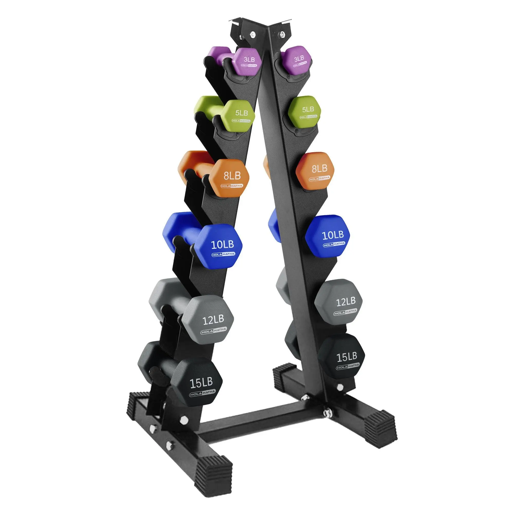 HolaHatha 3, 5, 8, 10, 12 & 15 Pound Neoprene Dumbbell Weight Set w/Storage Rack dumbbell rack