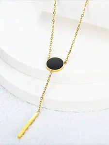 Minimalist Stainless Steel Y-shaped Necklace with Niche Design, Black Round Brand Vertical Stripe Tassel Pendant, High Polished Glossy Texture, Light Luxury Daily Commuting Collarbone Chain