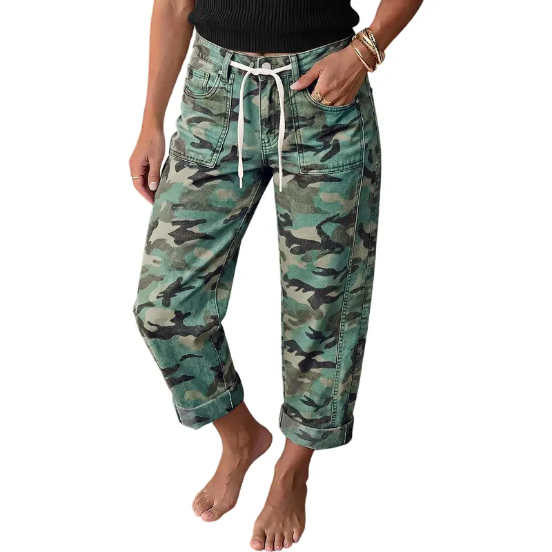 Flamingals Camo Print Roll Hem Drawstring Mid Rise Barrel Leg Crop Pants Stretchy 24.2'' Inseam