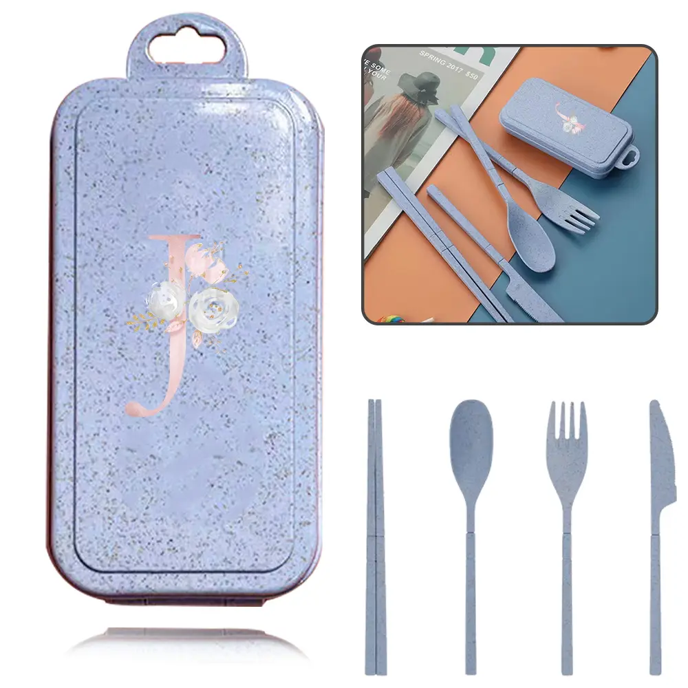 4pcs Eco-Friendly Tableware Wheat Straw Dinnerwar, Portable Camping Cutlery Set with Detachable Spoon Fork Knife and Chopsticks, Suitable for Student Dormitories and Office Workers' Use, Initial Name Pink Flower 26 Letters Pattern, Dinnerware Set