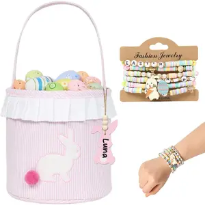 Easter Basket with Embroidered Bunny  and  Tail, Personalized Bunny Name Tags Bunny Bucket with Handle and Ruffle Trim,  Easter Egg Hunt  Bag for Candy & Spring Decorations