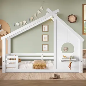 Bellemave Single-Person Low Profile Floor Bed Frame - Kids Furniture Bedroom, House-Shape Roof, Window, Small Shelf, Solid Wood Construction, No Box Spring Required