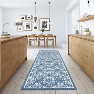 【GARVEE】Washable Runner Rug 2x6 Modern Floral Entryway Rug Runner Non Slip Backing Hallway Runners Indoor Soft Living Room Rug Low Pile Non-Shedding Carpet for Bedroom Bedside Laundry Kitchen Blue