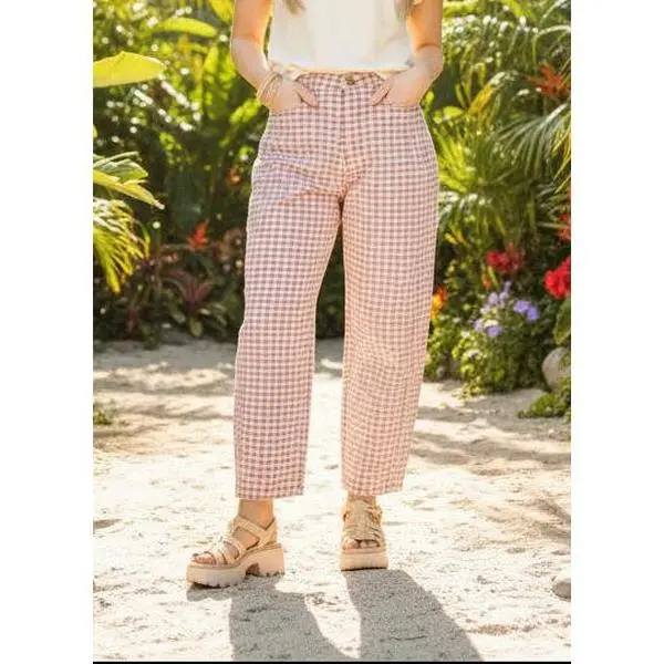 Women's Check Please Mini Chessboard Print Barrel Pants - Rosewood, Women's Clothes, Vibe Bottom Clothes