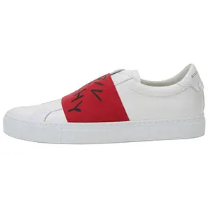 Givenchy Men's Urban Breathable Closed Low-Top Sneakers, White with Red Elastic Straps & Metallic Logos, Round Toe, Casual All-Season Slip-On Flat Shoes