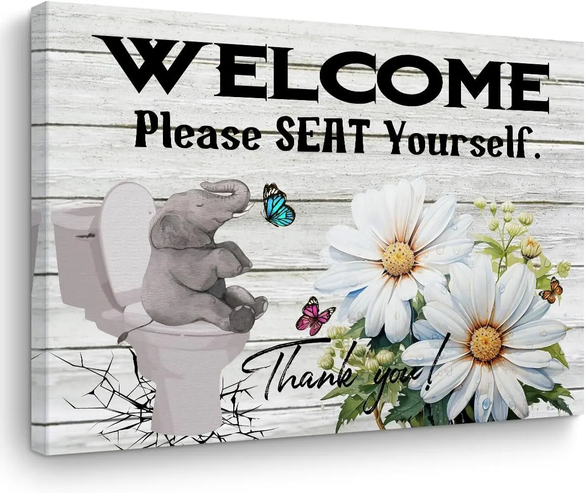 Funny Elephant Sunflower Bathroom Decor Canvas Wall Art Wall Decor Humor Bathroom Sign Framed Poster Artwork Prints Pictures for Elephant Lovers Home Farmhouse Bathroom Bedroom Living Room SHJY-00503