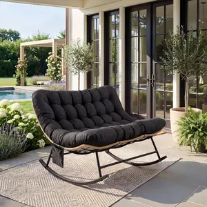 Designer Sectional Couch Furniture – Duty Patio Rocking Chair Couch, 450LBS All-Weather Wicker Rocking Chair, Oversized Indoor Outdoor Rocker with Thick Cushion, Modern Rattan Glider for Porch, Garden & Living Room