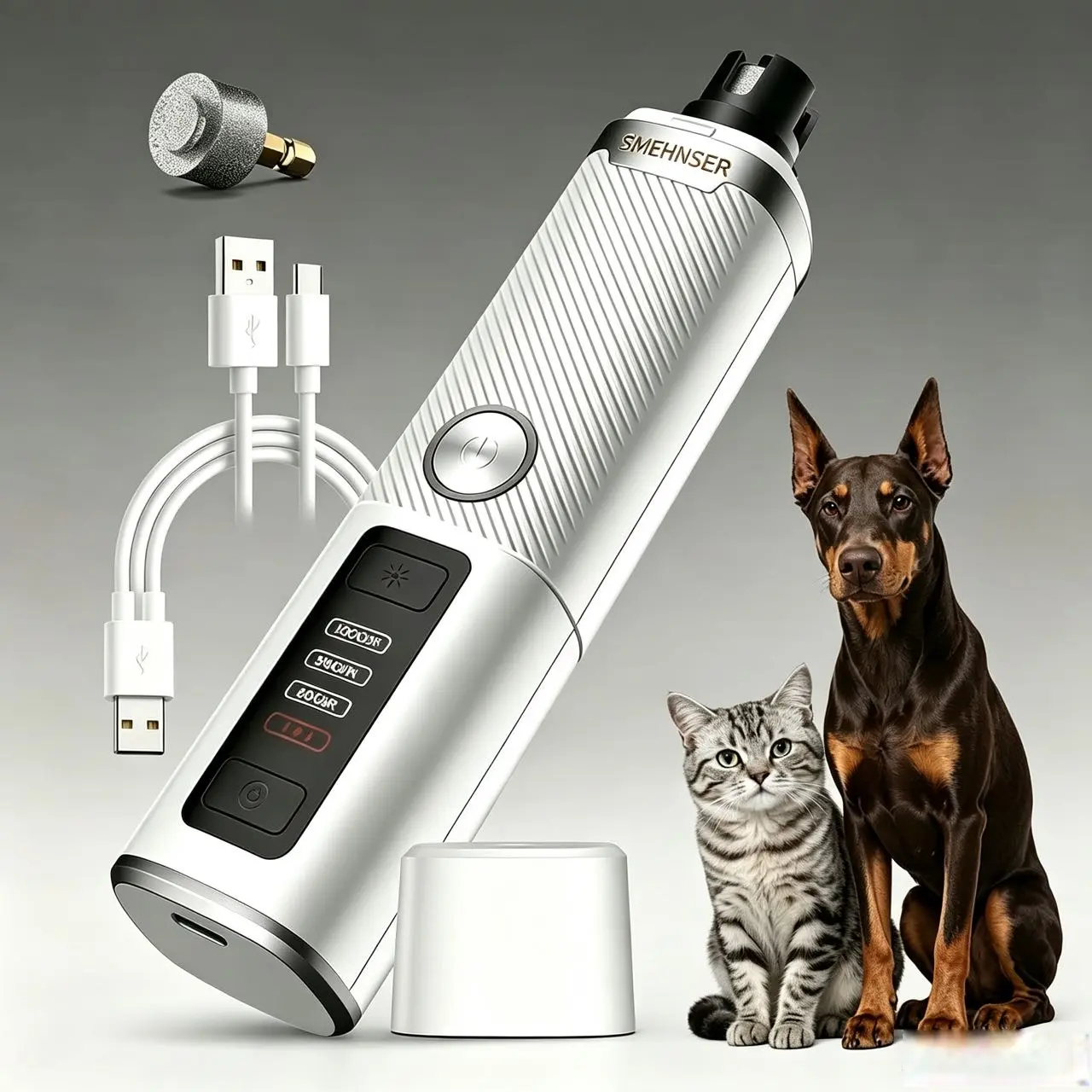 Low Noise Dog Nail Grinder, Electric Nail Trimmer Whisper Quiet with 2 LED Lights, 3-Speed Pet Nail Grinder, Stress-Free for Sensitive Dogs, Cats, Rabbits of All Breeds & Sizes, Rechargeable Battery 1500mAh，Diamond Grinding Bit，Painless Grooming Tool