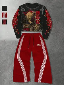 Men's Fall Winter Anime Style Streetwear Set, Fitted Long Sleeve Sweatshirt & Striped Pants, Casual Daily Wear