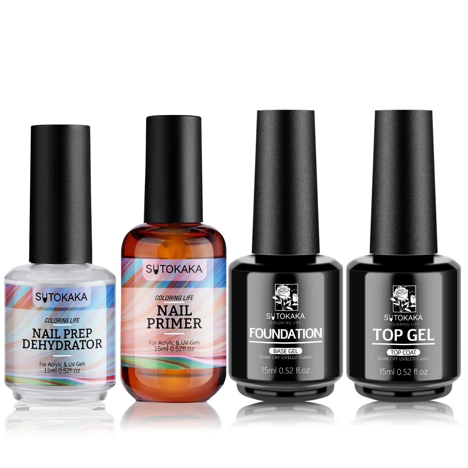 4Pc No-Wipe Base Top Coat with Prep Dehydrator & Primer for Gel Nail Polish Long-Lasting Bonding Strength Glossy Manicure Salon DIY Art Design Supplies