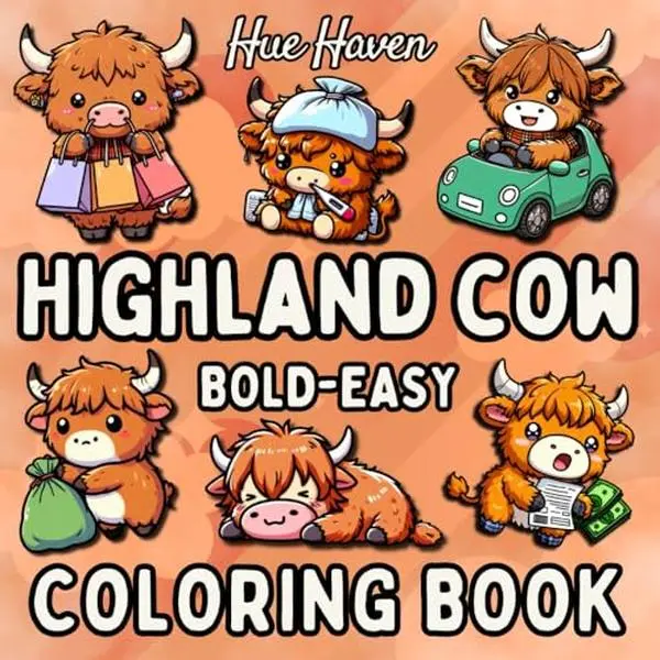 Highland cow: Easy and Bold Coloring Book for Kids and Adults, Simple Stress Relief Cute Highland Cows Designs